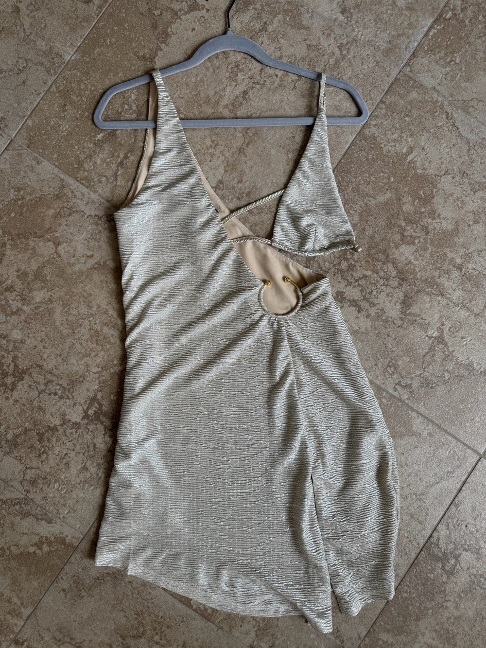 Hours Gold Metallic Ivory Cutout Mini Dress